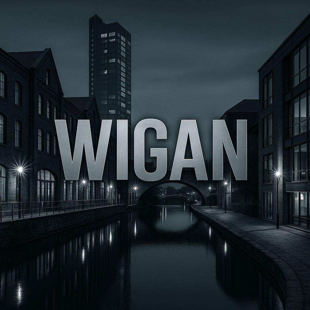 Nighttime street scene in Wigan town centre