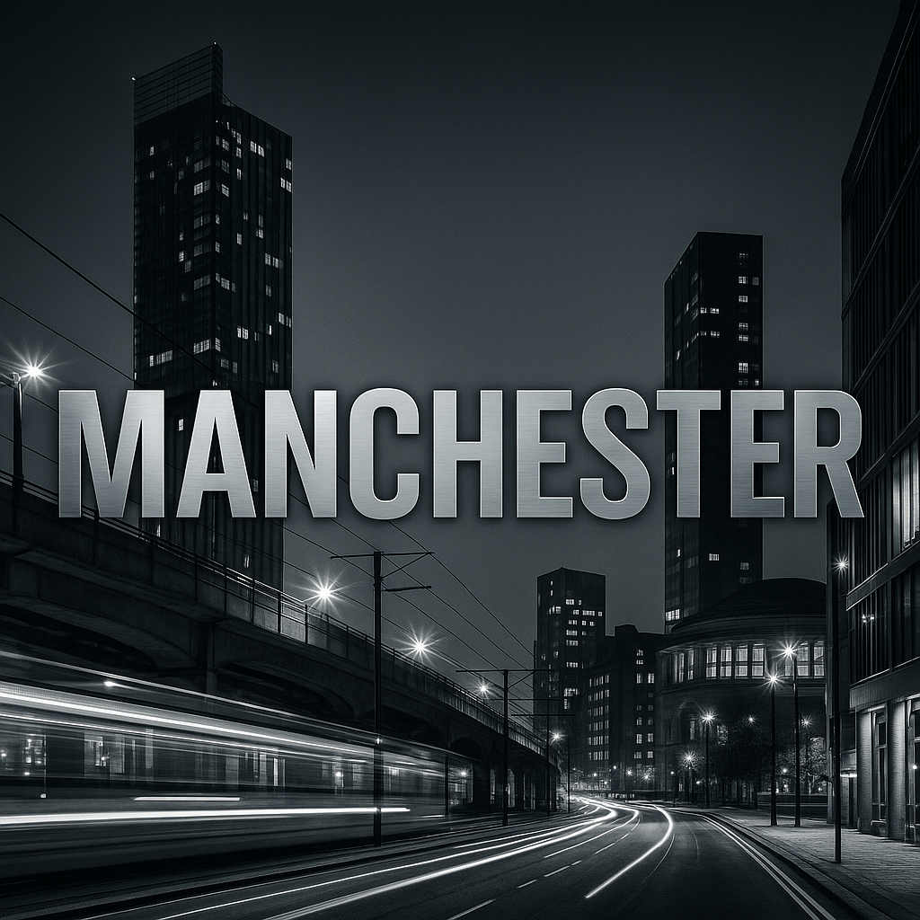 Nighttime view of Manchester city centre near Minshull Street