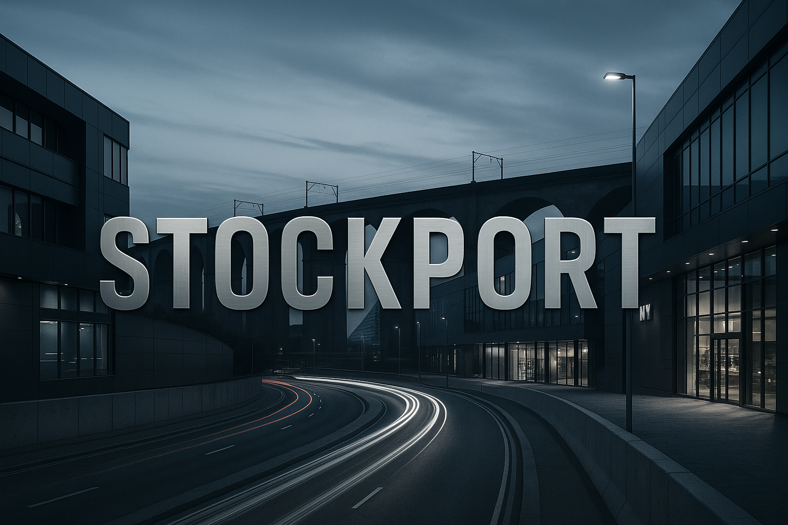 Modern view of Stockport viaduct and business district at night