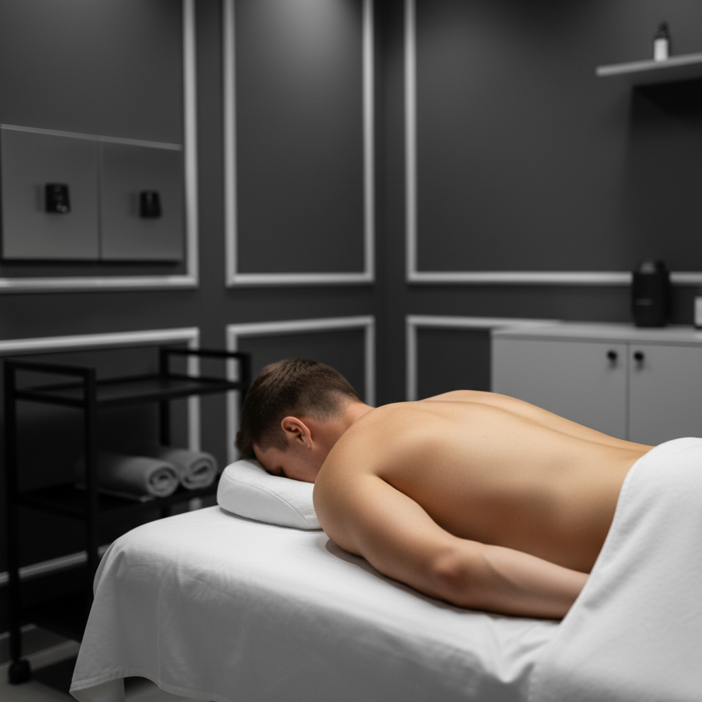 Male back and shoulders relaxed on a Wax for Men massage bed