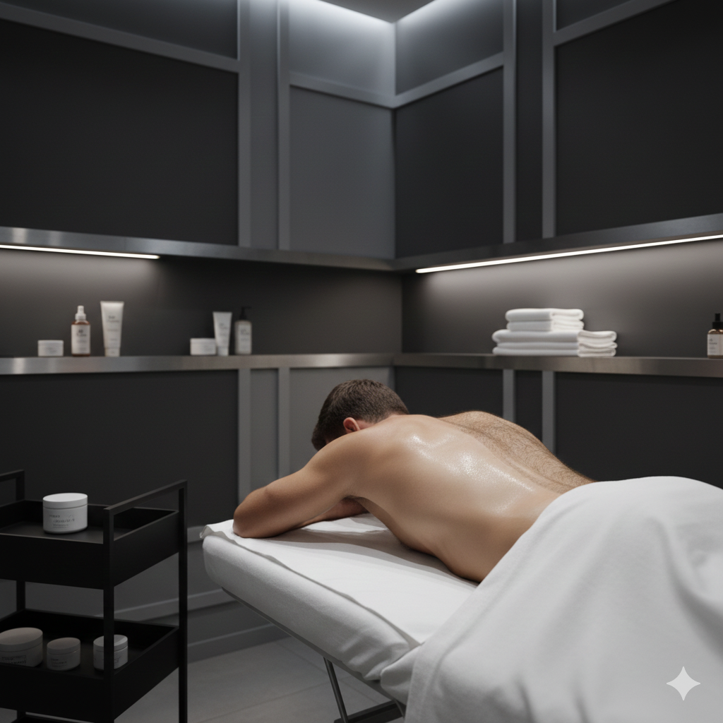 Male back and shoulders after waxing in a Wax for Men treatment room