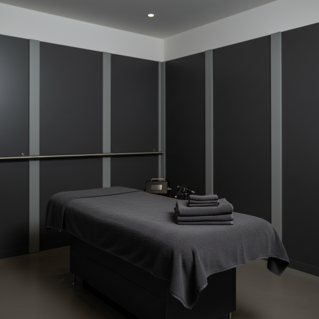 Wax for Men treatment room with dark charcoal walls and treatment bed