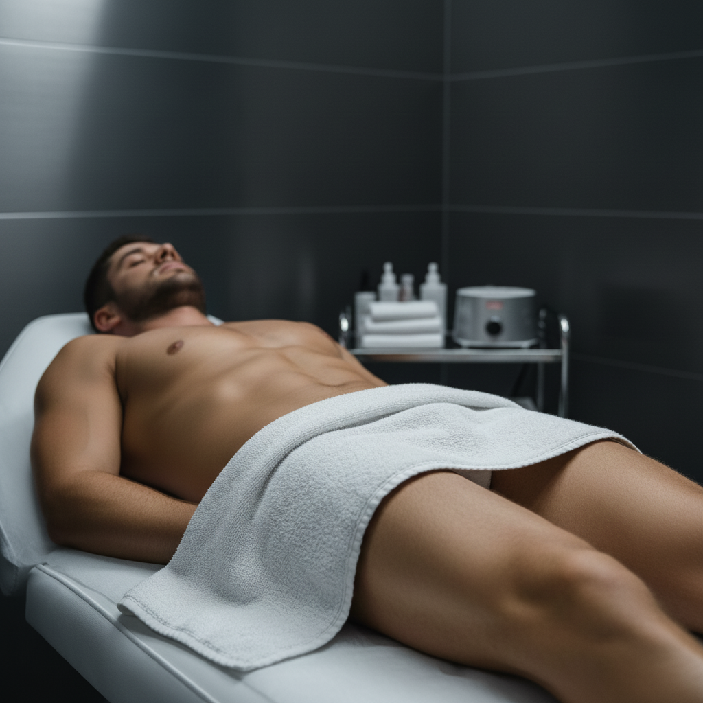 Intimate male waxing results in a dark charcoal Wax for Men studio